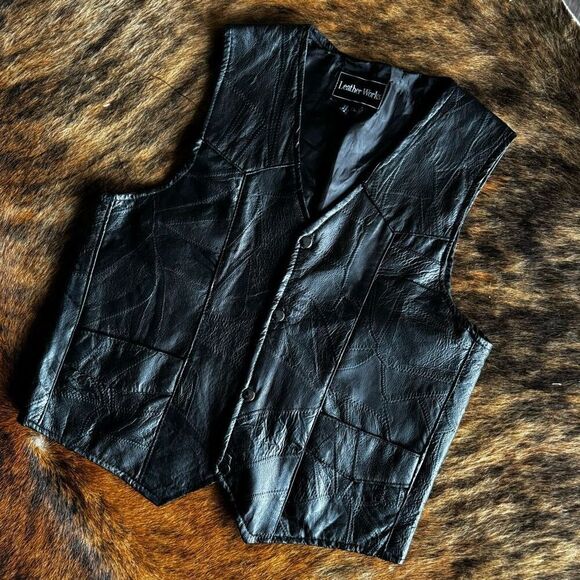 90’s Patchwork Biker Leather Vest Unisex - Picture 2 of 6